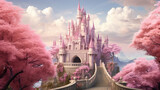 a beautiful fairytale castle illustration with pink trees, notre dame cathedral