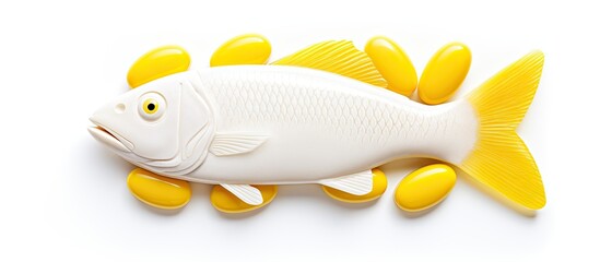 Canvas Print - A package of white fish, carefully prepared and isolated on a white background, presents a new dietary supplement tablet, promising to improve health and nutrition with its yellow packaging, promoting