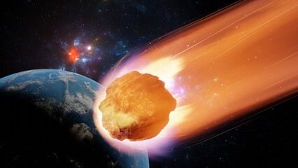 Wall Mural - asteroid, fall of comet to earth, armageddon disaster, danger meteorite. huge fiery comet is flying 