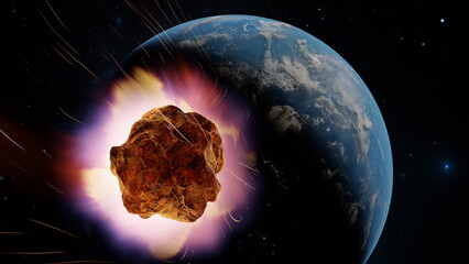 Wall Mural - asteroid, fall of comet to earth, armageddon disaster, danger meteorite. huge fiery comet is flying 