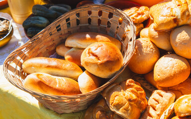 Sticker - Baked dough buns as a background. Close-up