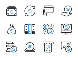 Wall Mural - Money, Dollar and Finance vector line icons. Payment and Savings outline icon set. Money bag, Pile of coins, ATM, Credit card, Online payment and more.