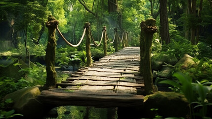 Poster - wooden bridge in the forest HD 8K wallpaper Stock Photographic Image 