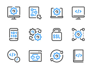 Web Development and Programming vector line icons. Coding and Software outline icon set. SSL, Encryption, Website, Code and more.