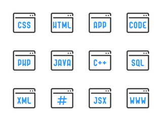 Wall Mural - Programming Languages and Frontend Development vector line icons. Website Layout outline icon set. Php, Css, Html, Software Java, Coding, and more.