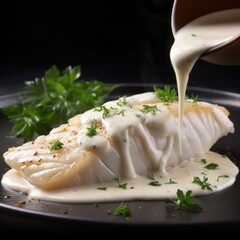 A piece of cooked white fish filet steak with dressing or sour cream bechamel sauce and fresh green dill, close-up.