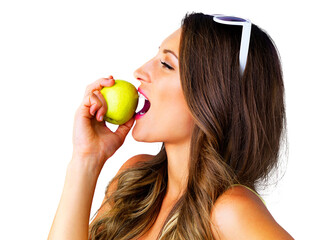 Wall Mural - Nutrition, health and woman eating apple for wellness snack on vegan, natural and organic diet. Happy, smile and young female person enjoying a green fruit isolated by transparent png background.