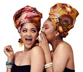 Poster - African fashion, beauty secret and friends or women in makeup, cosmetics and jewelry for traditional design. Excited people laugh, wow or whisper for culture isolated on a transparent, png background