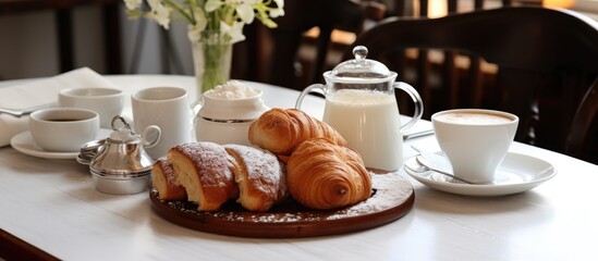 Poster - At the cozy white cafe, a wooden table displayed a tempting spread of breakfast delights - warm bread, chocolate pastries, and plates of creamy coffee accompanied by a glass of frothy milk and a black