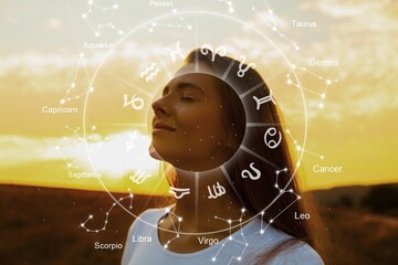 Wall Mural - beautiful young happy woman and zodiac wheel