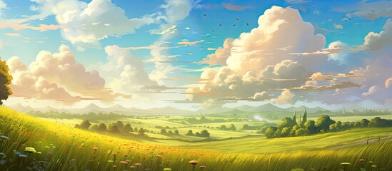 Canvas Print - As the sun dipped below the horizon, painting the sky in hues of red and gold, the cloud-dotted landscape transformed into a beautiful summer meadow, with lush green grass under the golden rays of the