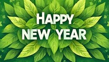 Happy New Year Typography On Fresh Green Leaf. Eco-Friendly Celebration.