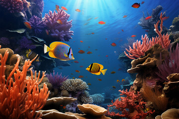 Wall Mural - Colorful coral reefs with lots of fish and turtles