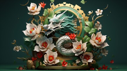 Wall Mural - A 3D illustration for Powerful green 3D dragon Scary and awe-inspiring. Chinese 3D art. Chinese New Year 2024 concept. New Year greeting card background.