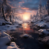 Fototapeta  - sunset over the river after a snow day during a cold winter
