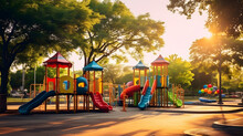 Colorful Children Playground Activities In Public Park Surrounded By Green Trees At Sunset In Houston, Texas. Children Run, Slide, Swing On Modern Playground. Urban Neighborhood Childh. Generative Ai.
