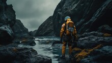 Astronaut Standing In Abandoned Planet With Volcanic Landscape