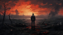 Soldier Standing Alone After The War In Battlefield, Digital Art Style, Illustration Painting. Generative Ai.