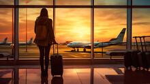 Travel Tourist Standing With Luggage Watching Sunset At Airport Window. Unrecognizable Woman Looking At Lounge Looking At Airplanes While Waiting At Boarding Gate Before Departure. Tra. Generative Ai.