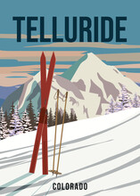 Vintage Travel Poster Ski Whitefish Resort. America Winter Landscape Travel Card