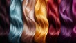 Design an ultra-realistic 8K image of a colorful collection of synthetic hair extensions, elegantly arranged to form a mesmerizing pattern.