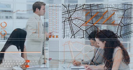 Poster - Animation of financial data processing over diverse business people in office