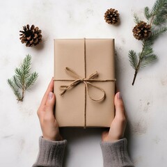 Female hands holding christmas gift box on white background. Top view