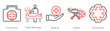 A set of 5 Emergency icons as first aid kit, heart massage, medical