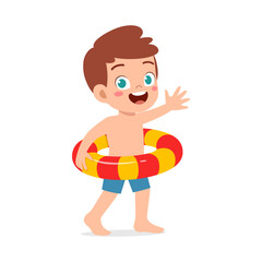 Wall Mural - little kid using swim ring for swimming