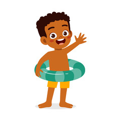 Wall Mural - little kid using swim ring for swimming