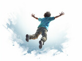 Fototapeta  - junger mann kind psringt in wolke ins freie lässt sich fallen sprung bungee