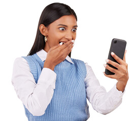 Sticker - Happy woman, cover and mouth with phone for social media, announcement or notification on internet. Indian person, excited and app on isolated or transparent png background for gossip, news or alert