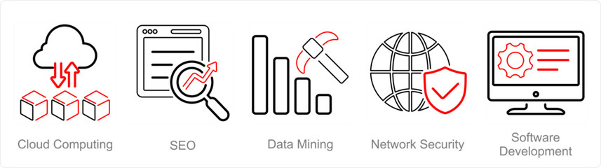 A set of 5 Hard Skills icons as cloud computing, seo, data mining