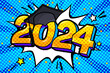Concept of a graduating class of 2024. Numbers with graduation cap in pop art style