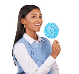 Sticker - Woman, candy and happy portrait for sweets, snack and dessert with relax by food. Young model, smile face and hungry by blue lollipop as sugar confectionery and isolated on transparent png background