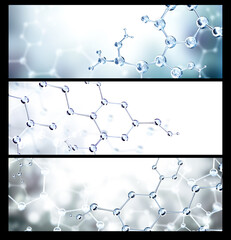 Wall Mural - set of horizontal banners with models of abstract molecular structure on blue background. copy space