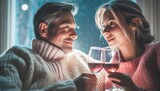 Fototapeta  - Kobieta i mężczyzna spędzający wspólnie zimowy wieczór z lampką wina. Motyw walentynek, randki, wspólnego spędzania czasu osób będących w związku