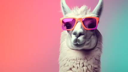 Creative animal concept. Llama in sunglass shade glasses isolated on solid pastel background, commercial, editorial advertisement, surreal surrealism