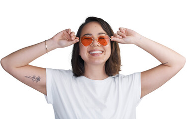 Canvas Print - Woman, portrait and happy with sunglasses or hands with designer eyewear isolated on png transparent background. Person, face or smile with shades, beauty or confidence for accessory or summer style