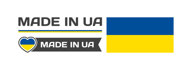 Wall Mural - Made in Ukraine icons. National flag of UA in the shape of a square, heart. Made in Ukraine national flag. Vector icons