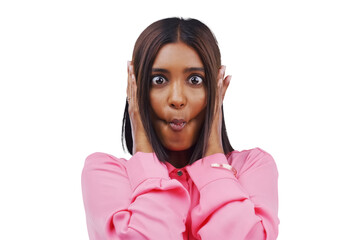 Sticker - Portrait, goofy face and young woman with comic, funny or silly attitude or facial expression. Comedy, fun and Indian female person with playful face for joke isolated by transparent png background.