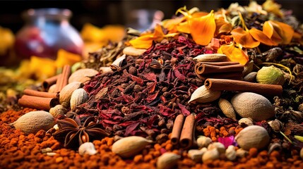 Poster - colorful dry tea drink spice illustration plant organic, herbal bazaar, healthy herb colorful dry tea drink spice