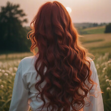 Long Wavy Red Beautiful Hair, Back View, Redhead Girl In A Field