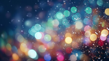 Wall Mural - snowy christmas lights: colorful bokeh effect with rgb bulbs and snowflakes