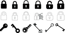 Lock, Key Vector Illustration Set. set of security icons. Features padlock, skeleton key, antique key, modern key, combination lock, deadbolt, latch, door lock, keyhole