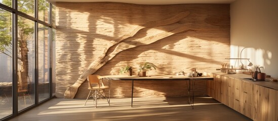 Sticker - As the summer sun bathes the abstractly designed office space in warm light, the textured walls made of reclaimed wood evoke a sense of nature within the building, while the tree-shaped table in the