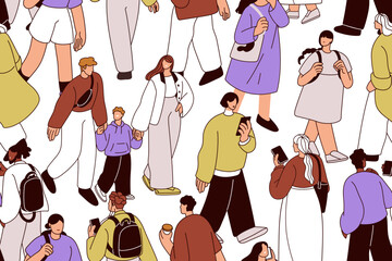 Poster - Crowd on city street, seamless pattern. Endless background, repeating print design with busy urban characters going. Many people, swarm. Printable flat graphic vector illustration for textile, fabric