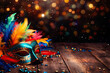 Carnival mask on a wooden table with confetti and blurred lights