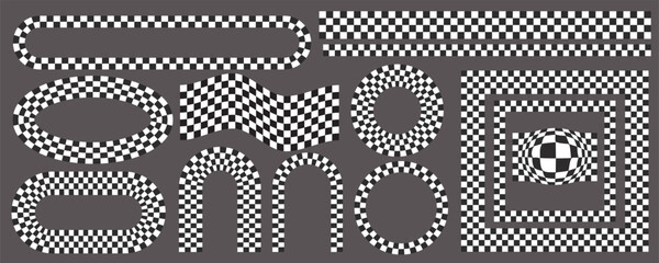 Checkerboard frames set. Circle and square patterns with black and white chess pattern.Y2k geometric shapes. Vector retro groovy illustration