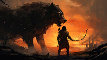 Hunter With A Bow Facing A Giant Wolf